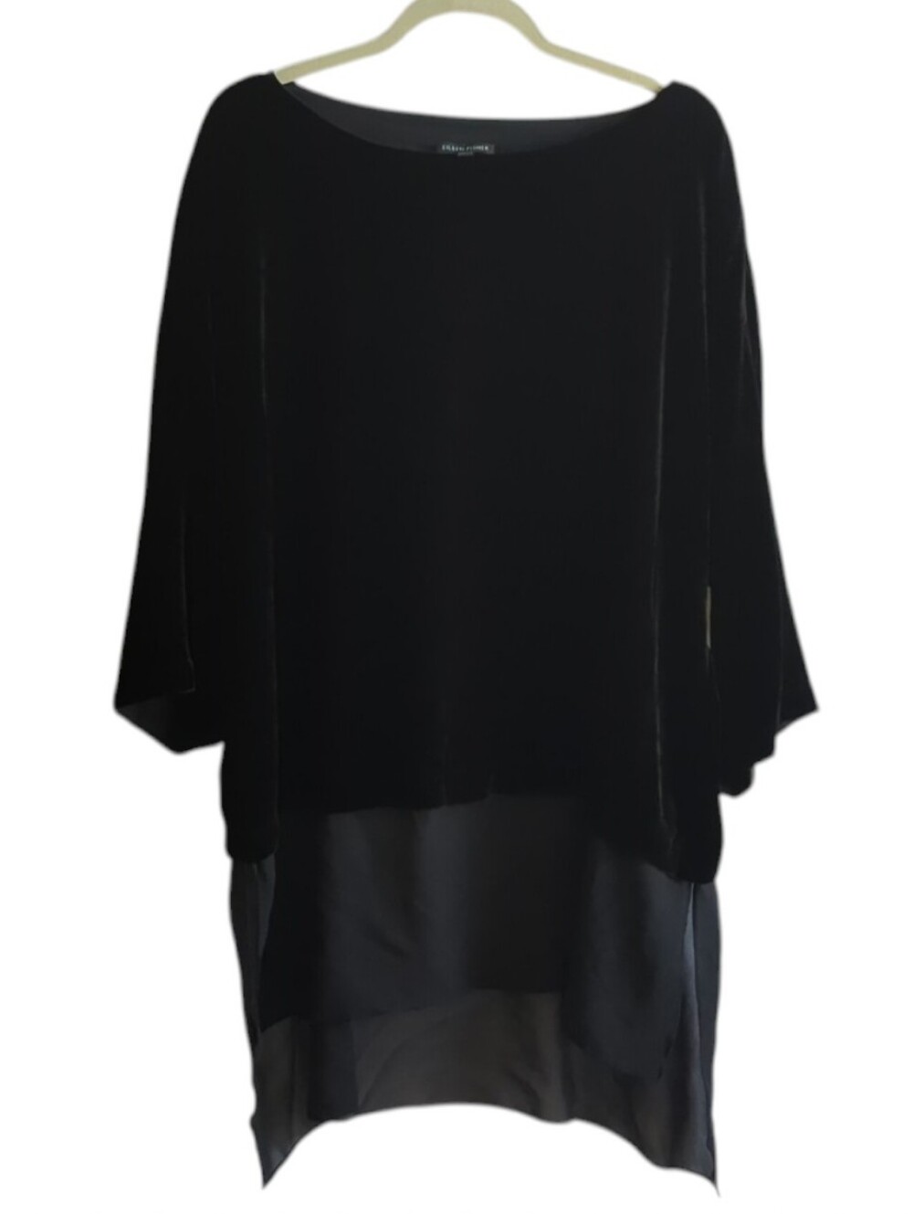 Eileen Fisher Black Velor Pullover Top With Sheer Silk Lower Panel Size XL